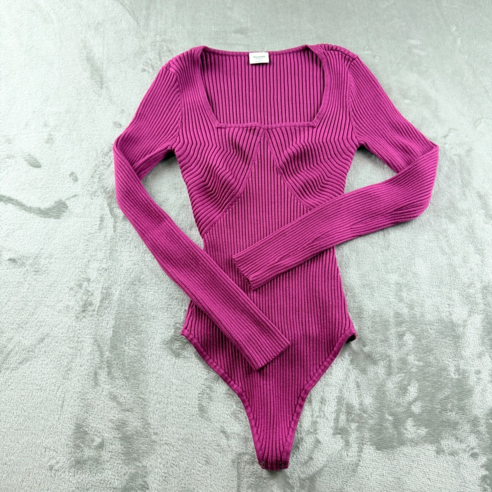 Abercrombie & Fitch Womens Small Square Neck Ribbed Bodysuit Magenta Long Sleeve